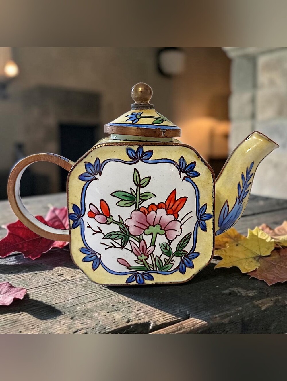 Vtg MINI Enameled Floral Teapot Chinoiserie Cloisonne Bloomcore Cottage Diorama